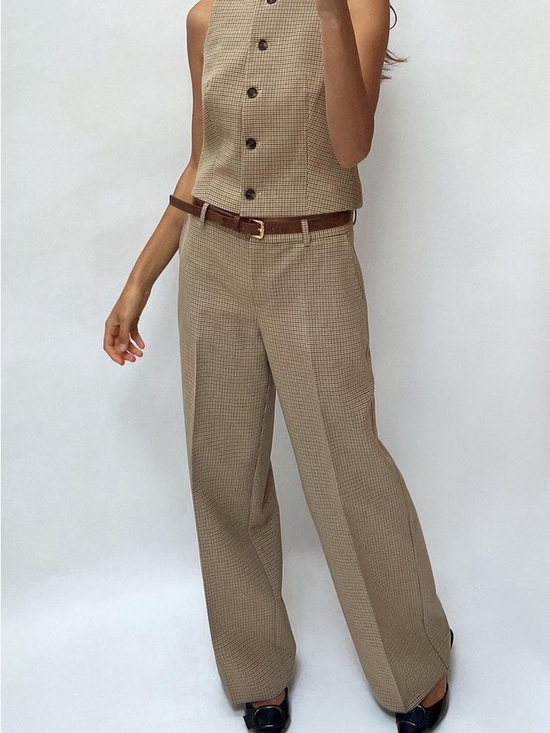 Zara Pants - Zara High-Waist Wide-Leg Plaid Trousers and Top Set in Beige Small and Medium